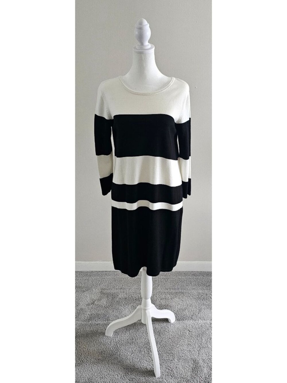 AB Studio Black & White Striped Knit Dress W/Zipper Back Closure M Career Office